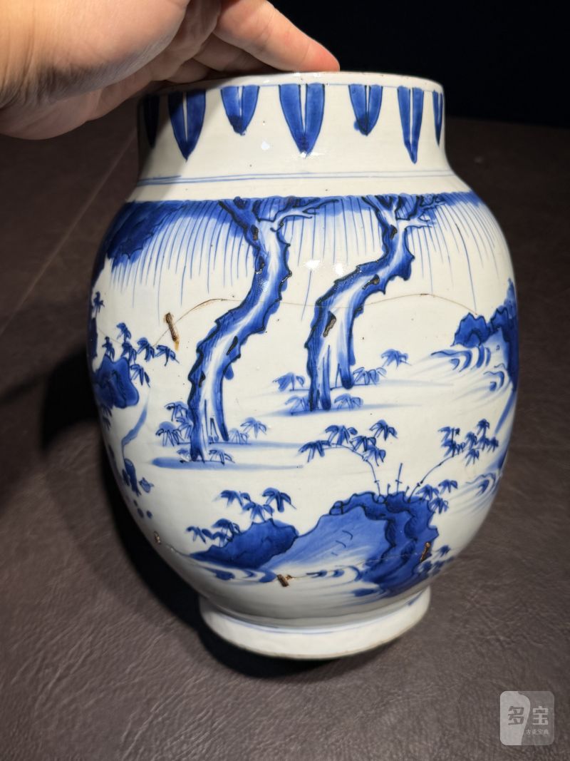 明崇祯 青花高士图莲子罐 - 图7
